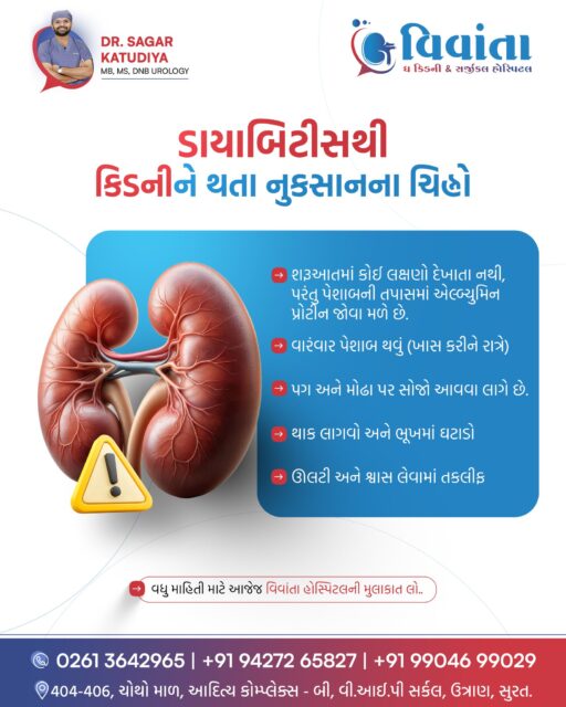 Have diabetes? Your kidneys might be getting damaged silently… ⚠️

Diabetes is not just about high sugar levels — it can slowly damage your kidneys without obvious symptoms in the beginning. One of the earliest warning signs is the presence of protein (albumin) in urine.

Frequent urination (especially at night), swelling in the legs or face, constant fatigue, loss of appetite, and nausea — these could be signs that your kidneys are under stress.

Early diagnosis and timely treatment can help protect your kidneys and prevent serious complications. Don’t ignore the warning signs — your health matters.

👨‍⚕️ Dr. Sagar Katudiya
MB, MS, DNB Urology | Vivanta The Kidney & Surgical Hospital
📲 +91 94272 65827 | +91 99046 99029
📍 404-406, 4th Floor, Aditya Complex-B, VIP Circle, Utran, Surat

#DiabetesCare #KidneyHealth #DiabetesAwareness #KidneyDisease #HealthAwareness #VivantaKidneyHospital #SuratDoctors #UrologyCare #HealthyLiving #PreventiveCare #HealthTips #DiabetesIndia #KidneyCare #MedicalAwareness #DoctorAdvice #HealthCheckup #ChronicDisease #StayHealthy #HealthcareIndia #SuratHealthcare #KidneyProblems #DiabetesManagement #EarlyDetection #HealthFirst #Wellness

( diabetes kidney damage, kidney disease symptoms, diabetes complications, kidney health tips, early signs of kidney disease, urologist surat, diabetes awareness india, kidney failure symptoms, how diabetes affects kidneys, protein in urine causes, diabetic nephropathy, kidney care tips, health tips english, best urologist surat, diabetes management tips, chronic kidney disease, prevent kidney damage, health awareness video, symptoms of kidney problems, kidney checkup advice )