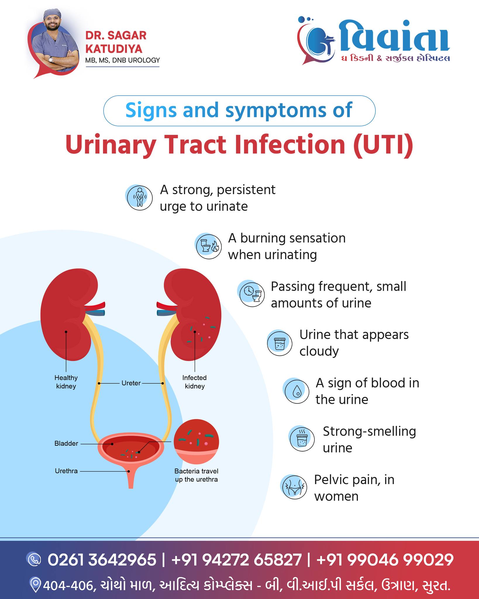 Don’t ignore the burn before it spreads to your kidneys! 🛑💧

A Urinary Tract Infection (UTI) might feel like a minor discomfort, but ignoring it is a major mistake. If bacteria travel up to your kidneys, a simple issue can turn into a serious health risk.

Are you experiencing any of these common UTI signs?, A strong, constant urge to urinate, A painful burning sensation, Passing frequent, small amounts of urine, Cloudy or strong-smelling urine, Signs of blood in the urine

👨‍⚕️ Dr. Sagar Katudiya
MB, MS, DNB Urology | Vivanta The Kidney & Surgical Hospital
📲 +91 94272 65827 | +91 99046 99029
📍 404-406, 4th Floor, Aditya Complex-B, VIP Circle, Utran, Surat

#UrinaryTractInfection, #UTIAwareness, #UrologyCare, #VivantaHospital, #DrSagarKatudiya, #KidneyHealth, #SuratHealthcare, #UTISymptoms, #WomensHealth, #MensHealth, #SuratDoctors, #HealthyLiving, #UroSurgeon, #PreventionIsCure, #UrologySurat, #GujaratHealth, #MedicalAdvice, #InfectionTreatment, #VivantaKidneyHospital, #SuratCity

( Urinary tract infection symptoms Surat, best urologist in Surat, Vivanta Kidney Hospital, UTI treatment options, Dr. Sagar Katudiya urologist, painful urination remedies, kidney infection prevention, urology hospital Gujarat, cloudy urine causes, pelvic pain treatment Surat, advanced urology care Gujarat, bladder infection signs, specialized kidney hospital Surat, family medical tips, urology expert advice Surat, blood in urine solutions, best kidney doctor Surat, healthcare services Surat, Vivanta hospital contact number, UTI clinic Surat )