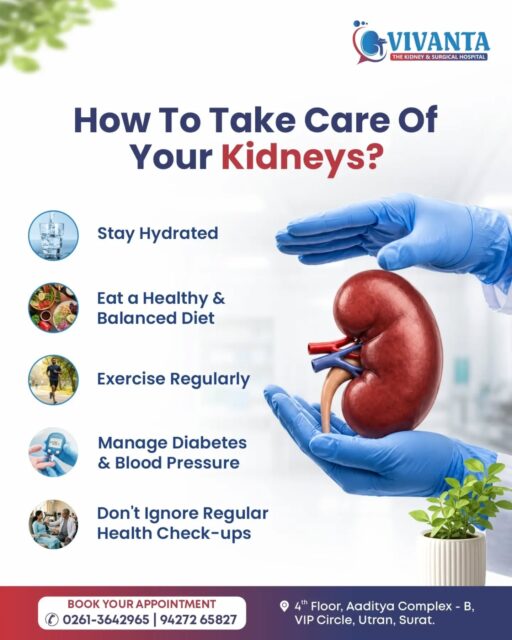 Kidney disease often develops silently, with few or no symptoms in its early stages. That's why prevention is always better than treatment✨

Taking care of your kidneys doesn't require complicated routines. Drinking enough water, making healthier food choices, staying physically active, managing chronic conditions like diabetes and high blood pressure, and getting regular health check-ups are some of the most effective ways to protect your kidney health.

Your kidneys take care of you every day, make sure you take care of them too.

📍 4th Floor, Aaditya complex - B, VIP Circle, Utran, Surat. 

📞:- 0261-3642965 | 94272 65827 

[Kidney Health, Healthy Kidneys, Kidney Care, Kidney Disease Awareness, Chronic Kidney Disease]